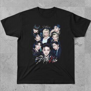 Retro Kpop Boy Group Photo Collage World Tour Graphic Tee Black Music Fan Shirt